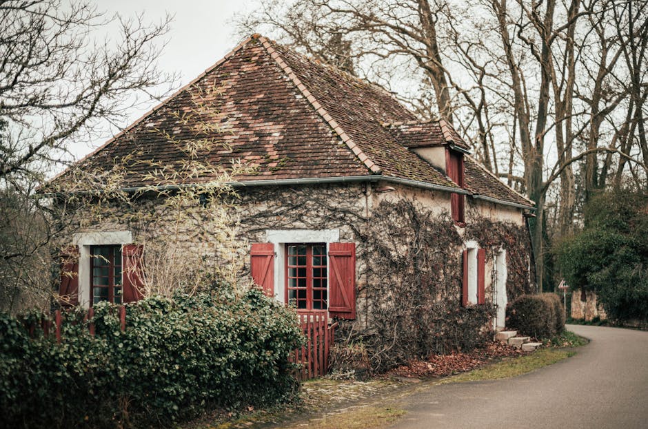Picturesque rustic cottage with red shutters and ivy-covered walls in rural France.
